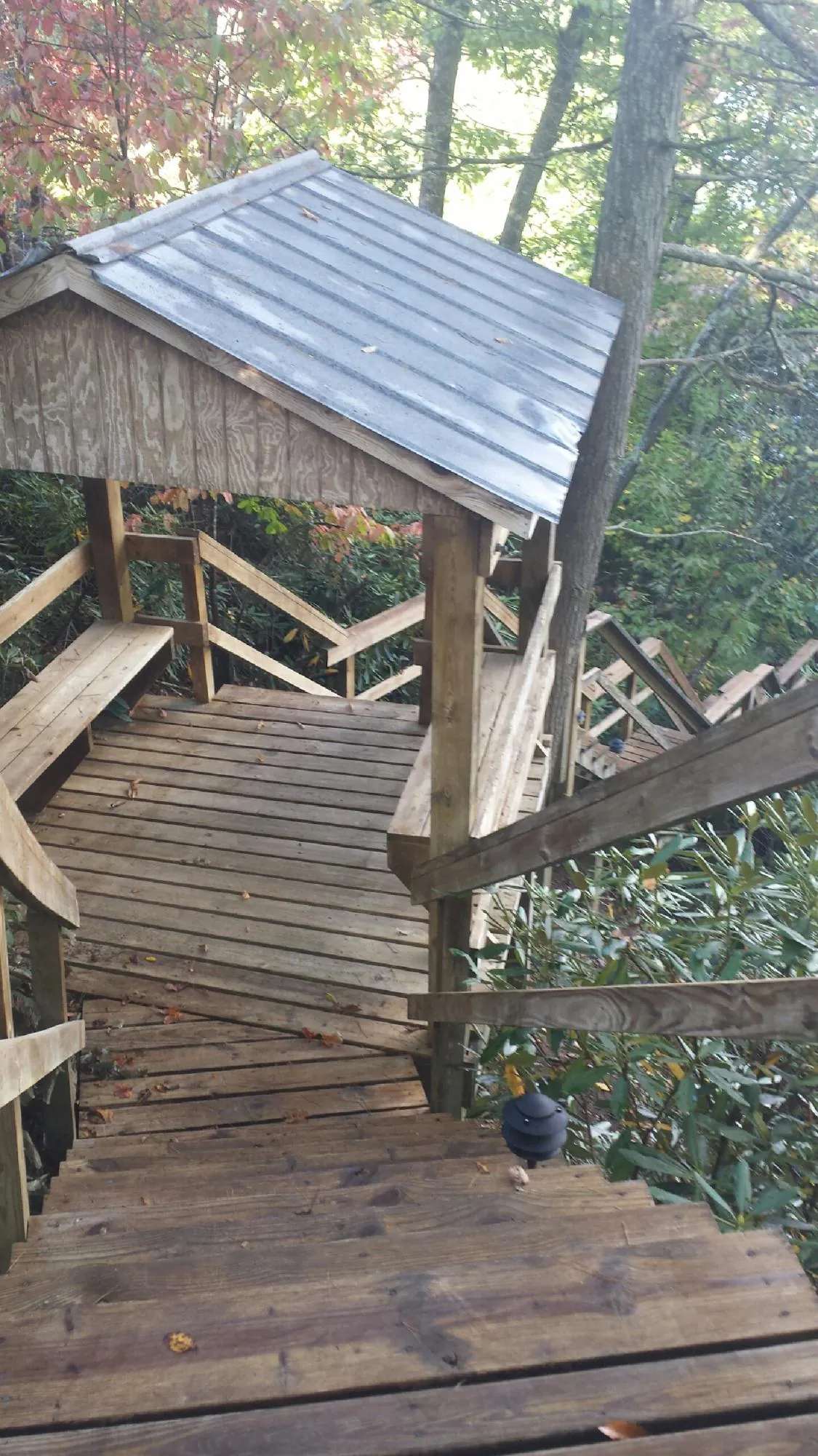 Metal roofed shelter over wooden steps on a wooded walkway — Skylight Repair & Installation work by our crew in Dungannon